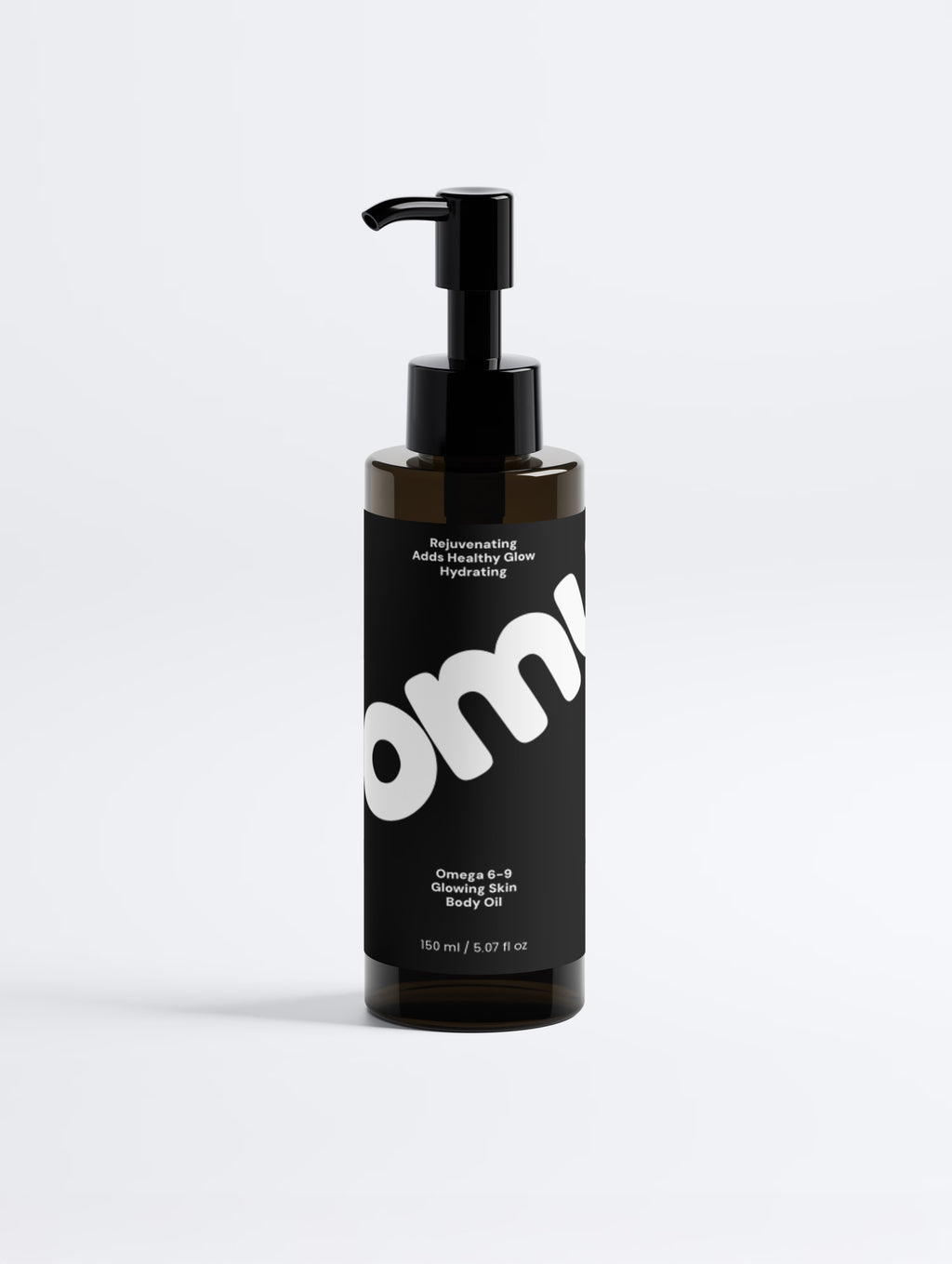 Minimalist clean beauty body oil bottle with pump packaging for intensive skin barrier repair, deep hydration, and a glowing complexion.