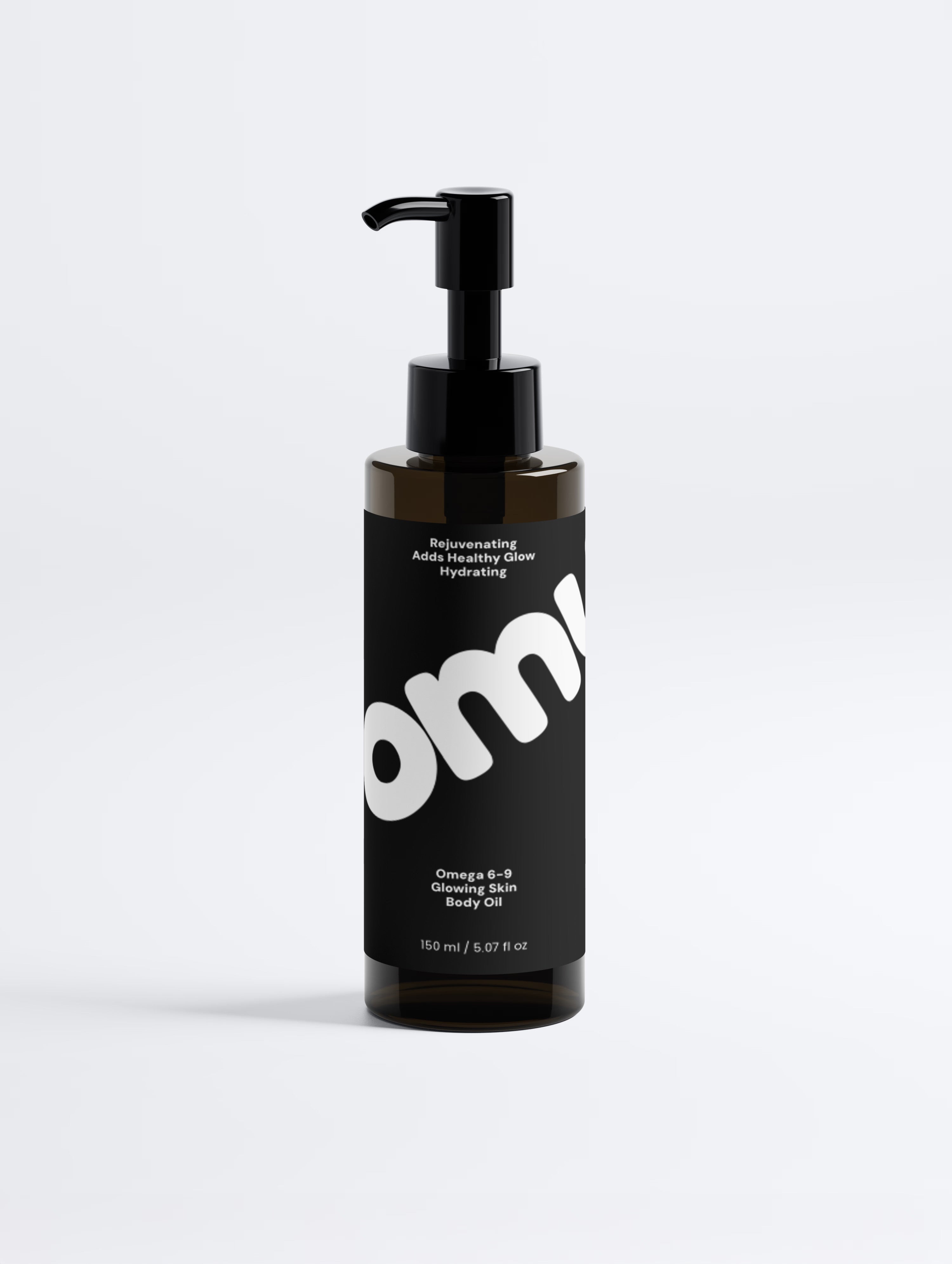 Minimalist clean beauty body oil bottle with pump packaging for intensive skin barrier repair, deep hydration, and a glowing complexion.