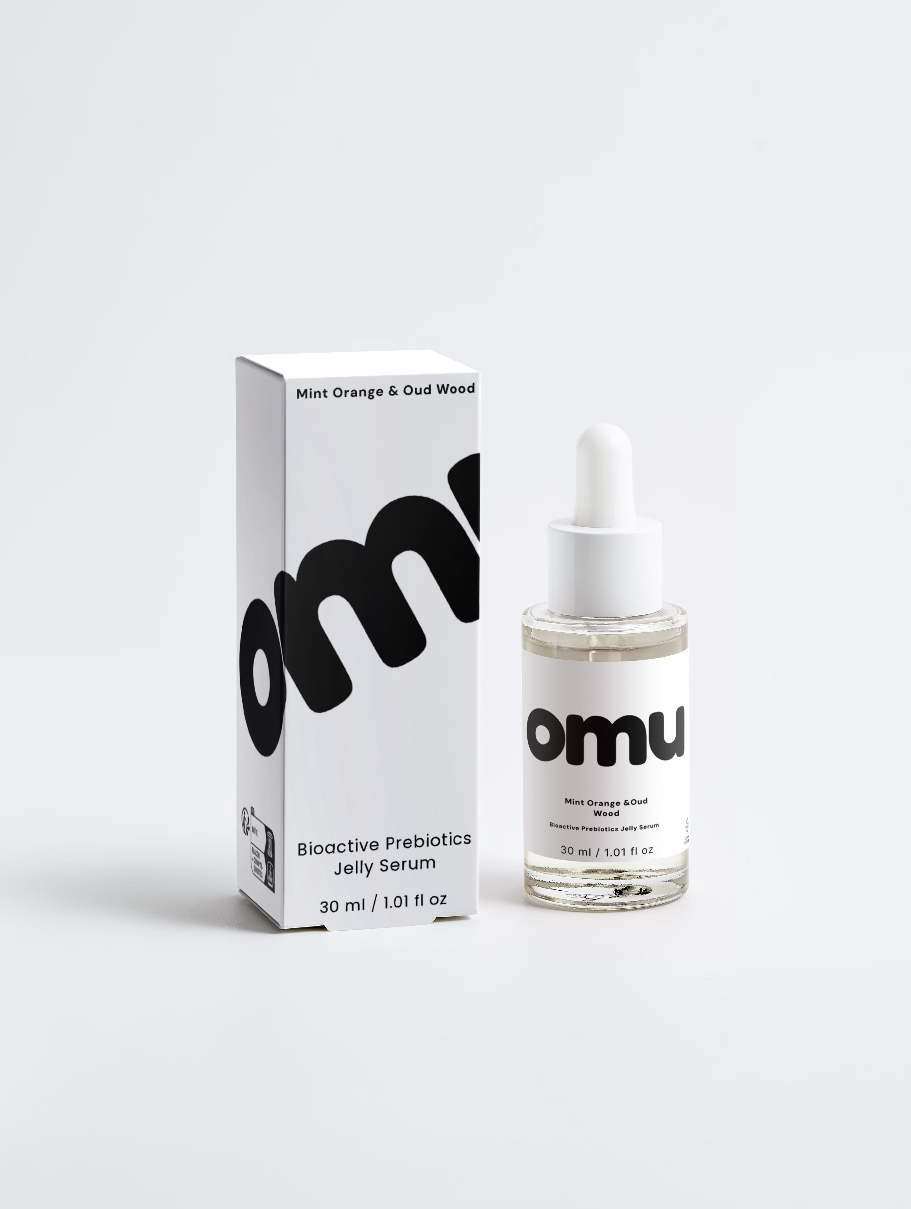 Minimalist clean beauty prebiotic jelly serum bottle and product packaging box for intensive skin barrier repair, microbiome balance, and glowing skin.