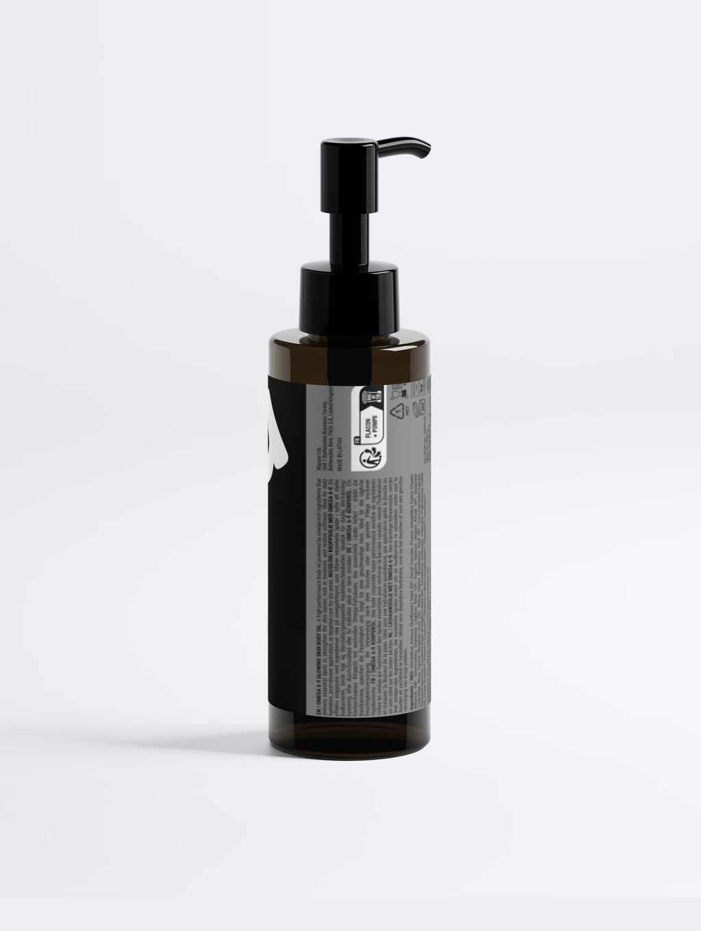 Minimalist clean beauty body oil bottle with pump packaging for intensive skin barrier repair, deep hydration, and a glowing complexion.