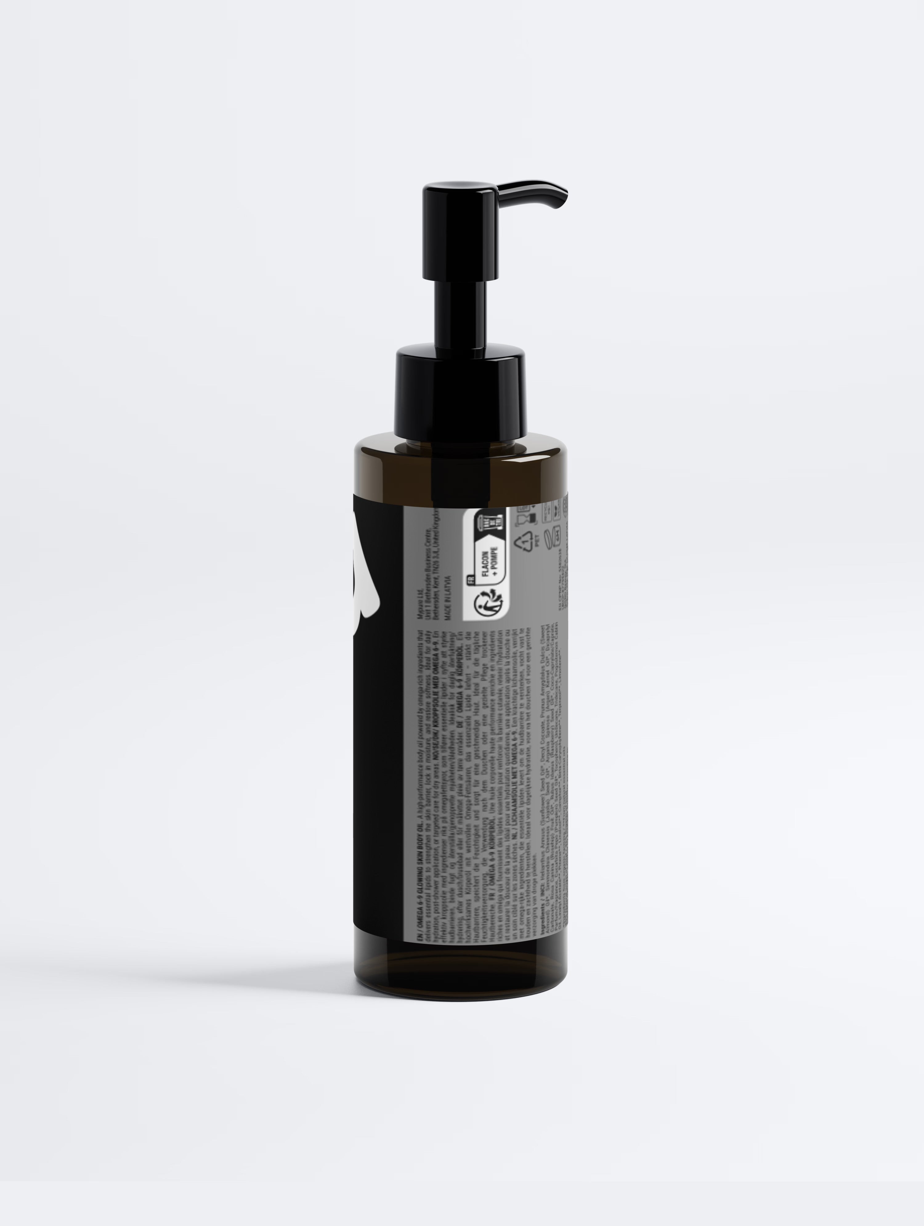 Minimalist clean beauty body oil bottle with pump packaging for intensive skin barrier repair, deep hydration, and a glowing complexion.