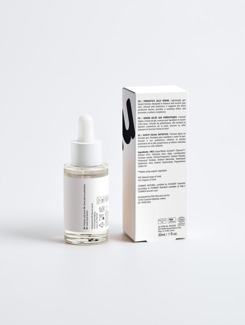 Minimalist clean beauty prebiotic jelly serum bottle and product packaging box for intensive skin barrier repair, microbiome balance, and glowing skin.
