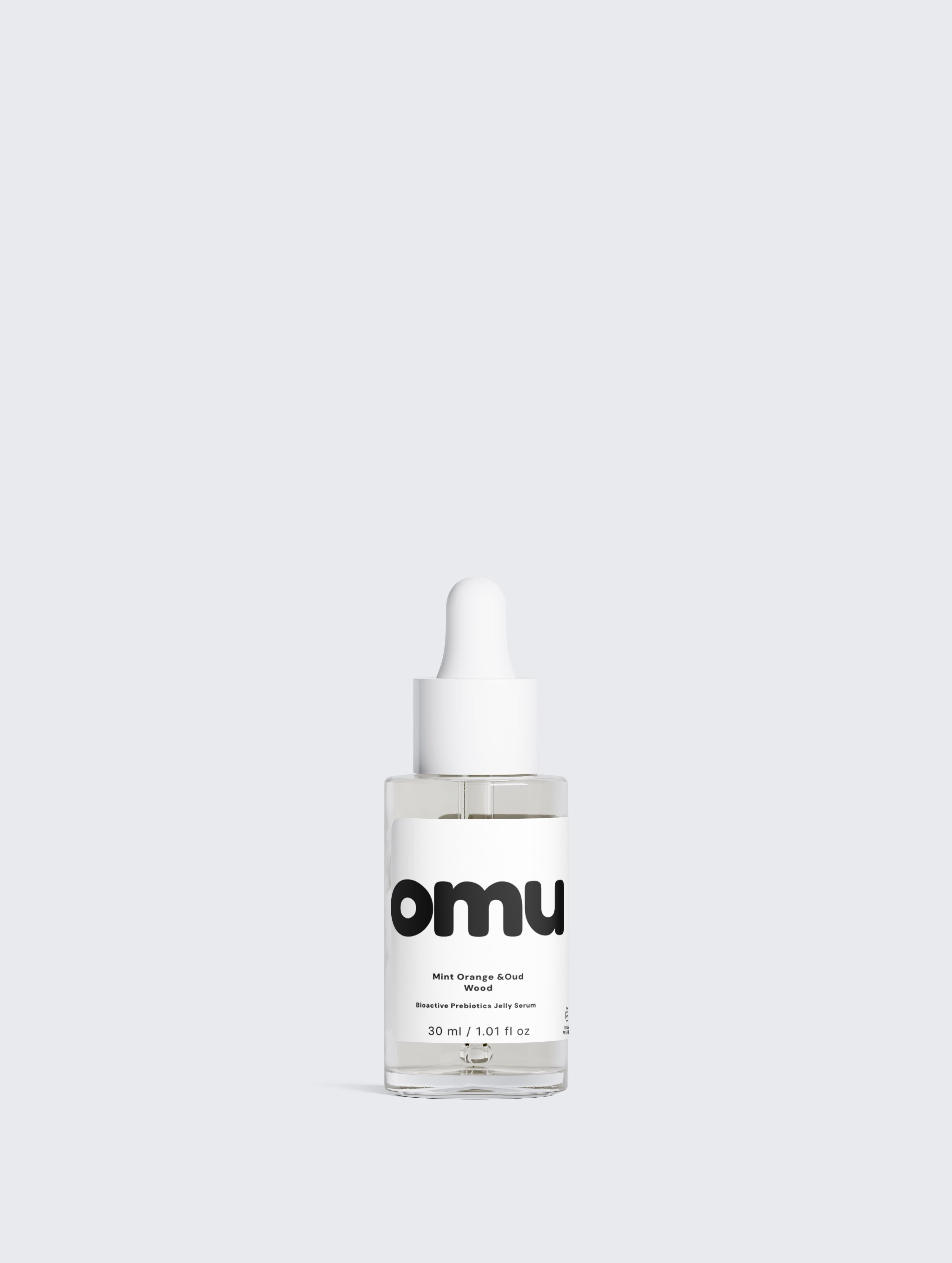 Minimalist clean beauty prebiotic jelly serum bottle and product packaging box for intensive skin barrier repair, microbiome balance, and glowing skin.